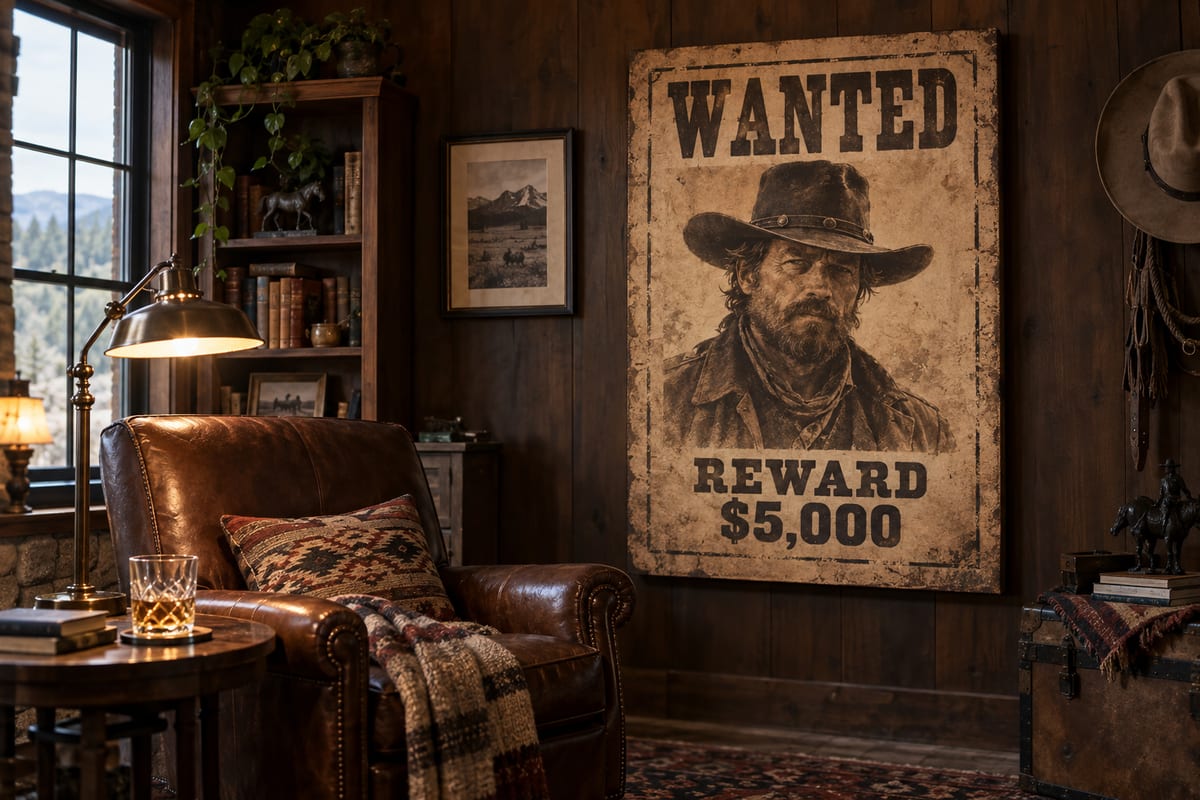 Vintage WANTED poster portrait with a $5,000 reward line, printed on gallery canvas and hung in a wood-paneled den